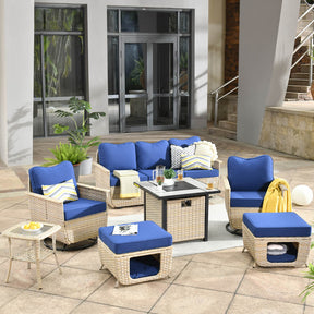 Ovios Patio Pet Conversation Set Beige Wicker 7 Pieces with 30'' Fire Pit and Swivel Rocking Chairs