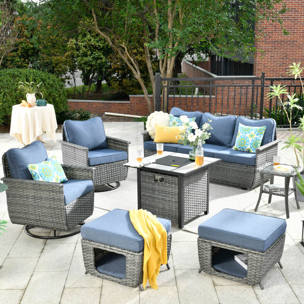 Ovios Patio Pet Conversation Set Grey Wicker 7 Pieces with 30'' Fire Pit and Swivel Rocking Chairs