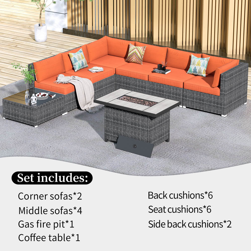 Ovios Patio Furniture Set 8-Piece with All Weather Rattan Wicker Sofa and 42.12'' Fire Pit