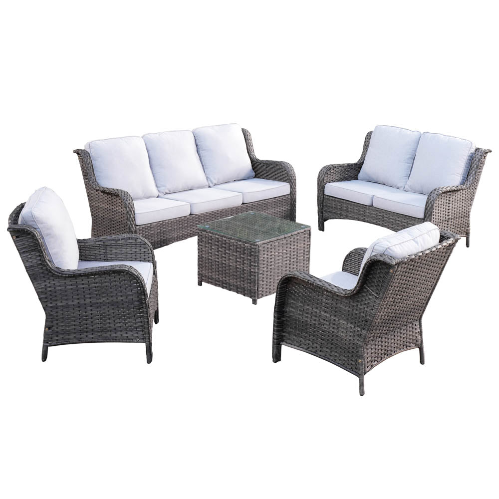 Ovios Patio Kenard 5-Piece Conversation Set with Loveseat and Tempered Glass Table