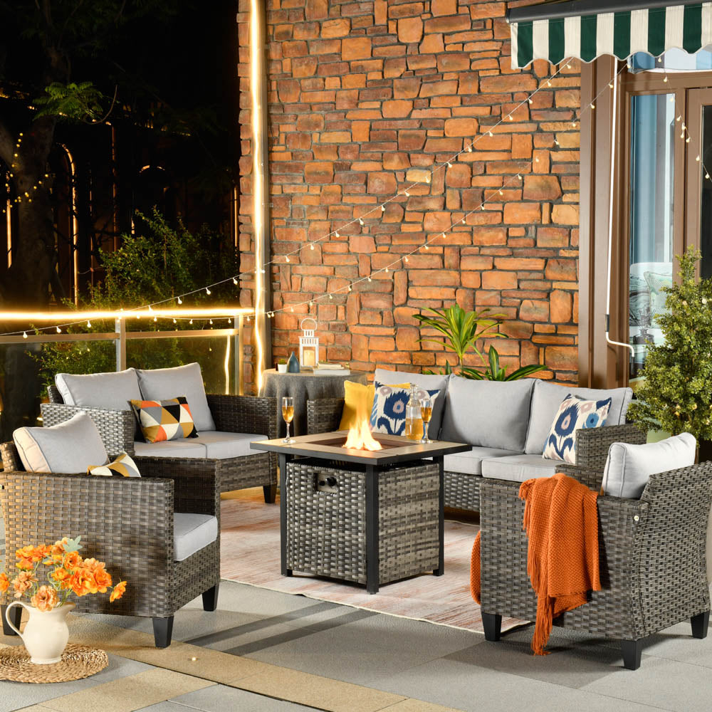 Ovios Patio Vultros Furniture Set 7-Person Seating with 30'' Propane Fire Pit Table
