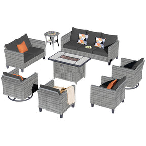 Ovios Patio Vultros 8-Piece Set With Swivel Chair and Rectangle 42'' Propane Fire Pit Table