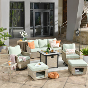 Ovios Patio Pet Conversation Set Beige Wicker 7 Pieces with 30'' Fire Pit and Swivel Rocking Chairs