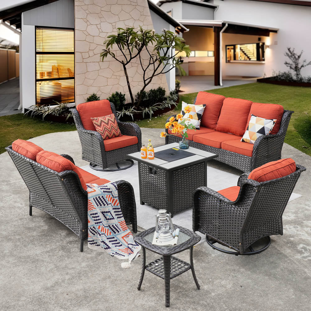 Ovios Patio Kenard 6-Piece Conversation Set with 30'' Propane Fire Pit Table and Rocking Chairs