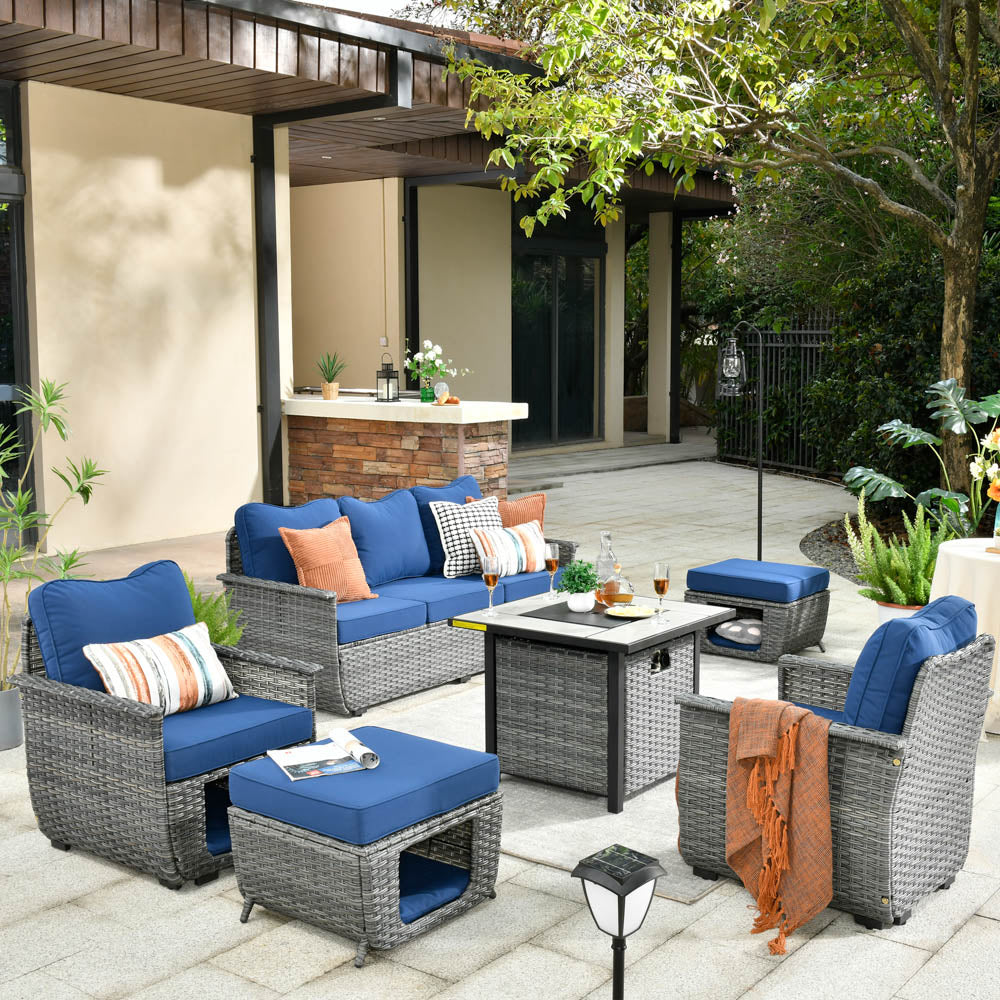 Ovios Patio Conversation Set 6 Pieces Dark Grey Wicker with 30'' Fire Pit and Multifunctional Storage