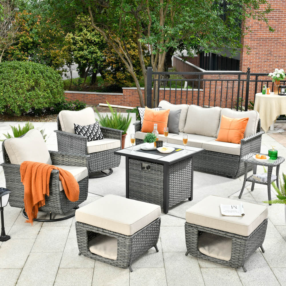 Ovios Patio Pet Conversation Set Grey Wicker 7 Pieces with 30'' Fire Pit and Swivel Rocking Chairs