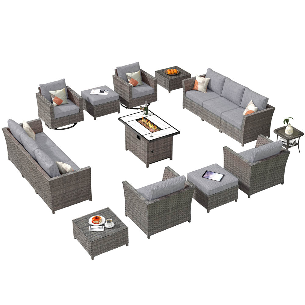 Ovios New Rimaru Series Patio Furniture Set 16-Piece include Swivel Chairs and 42"Rectangle Fire Pit Table Partially Assembled