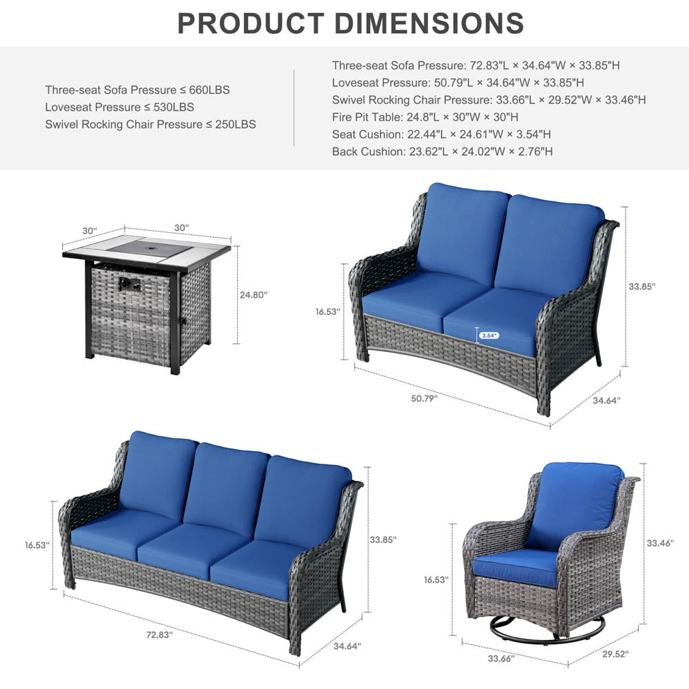 Ovios Patio Kenard 6-Piece Conversation Set with 30'' Propane Fire Pit Table and Rocking Chairs