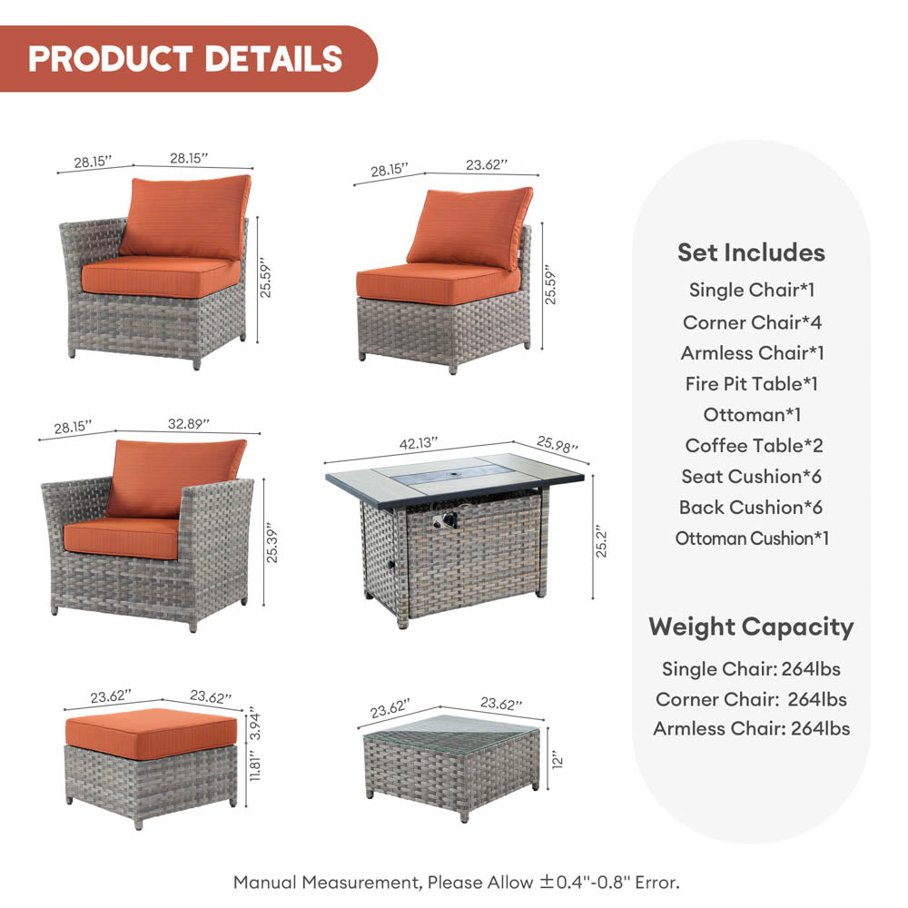 Ovios New Rimaru Series Patio Furniture Set 10-Piece include 42"Rectangle Fire Pit Table Partially Assembled