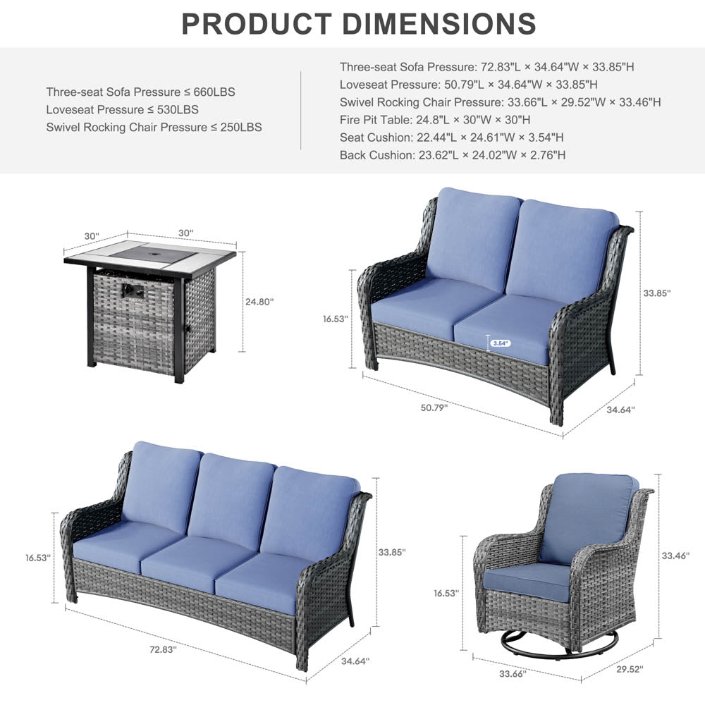 Ovios Patio Kenard 6-Piece Conversation Set with 30'' Propane Fire Pit Table and Rocking Chairs