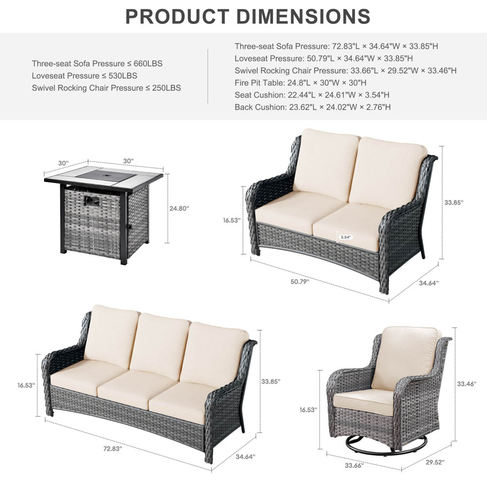 Ovios Patio Kenard 6-Piece Conversation Set with 30'' Propane Fire Pit Table and Rocking Chairs