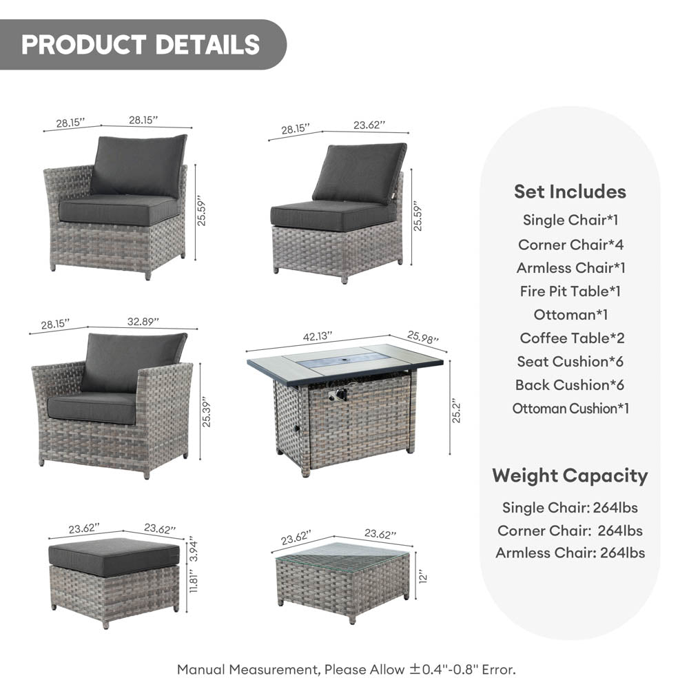 Ovios New Rimaru Series Patio Furniture Set 10-Piece include 42"Rectangle Fire Pit Table Partially Assembled