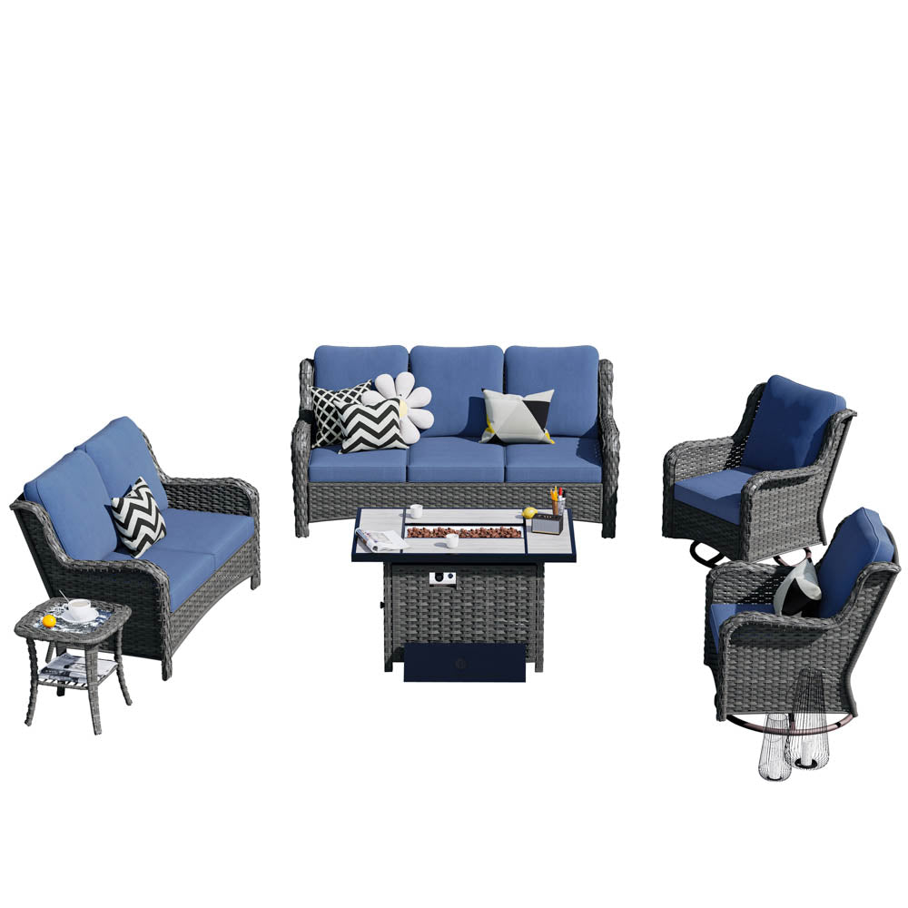 Ovios Patio Kenard Set - Large, Practical, Safe, Easy Assembly Grey Wicker Denim Blue Cushion / 6 Pieces