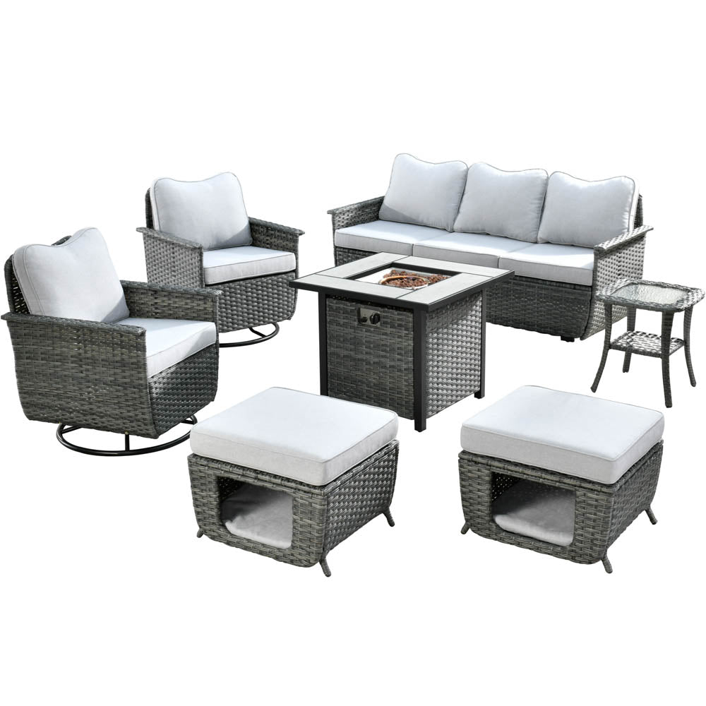 Ovios Patio Pet Conversation Set Grey Wicker 7 Pieces with 30'' Fire Pit and Swivel Rocking Chairs