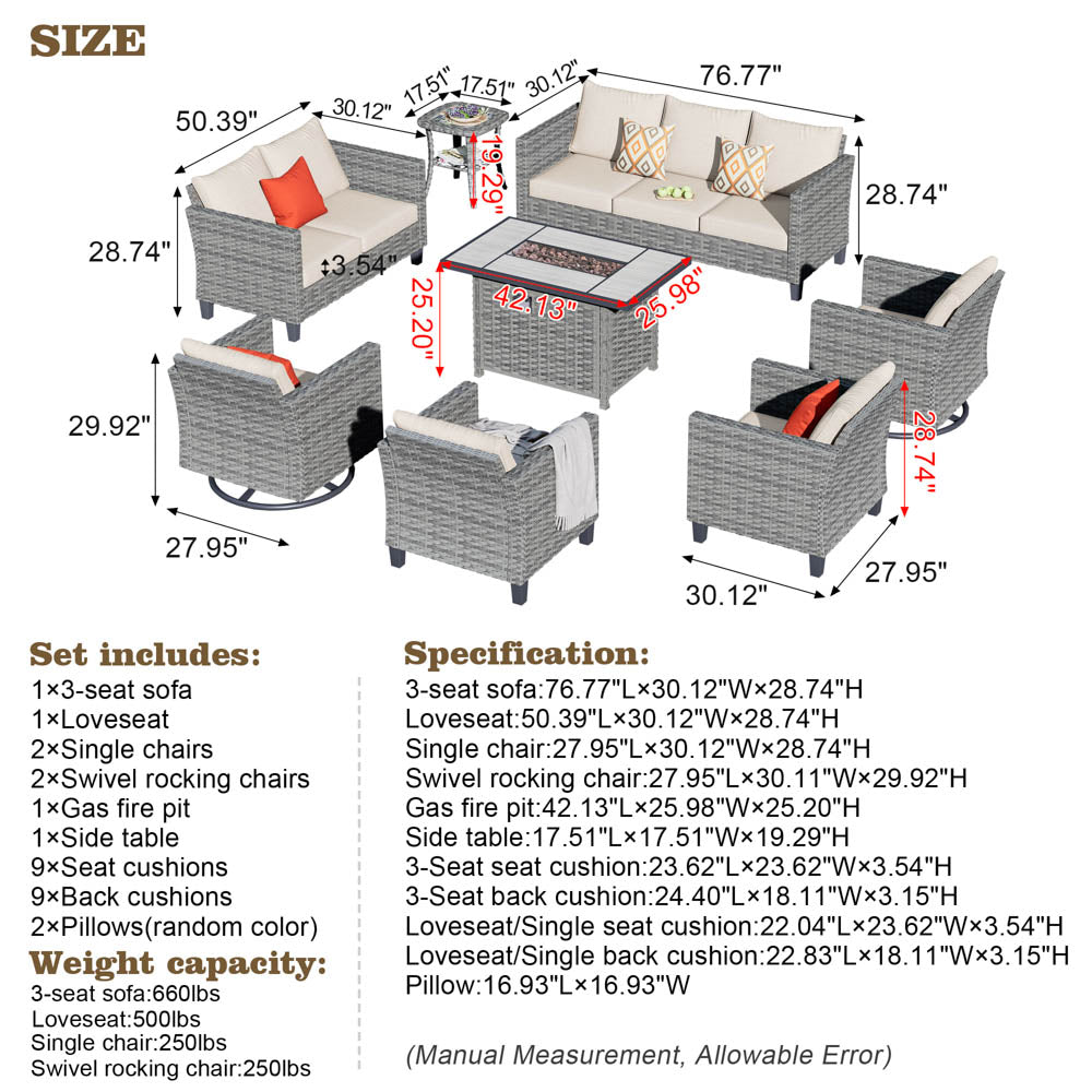 Ovios Patio Vultros 8-Piece Set With Swivel Chair and Rectangle 42'' Propane Fire Pit Table