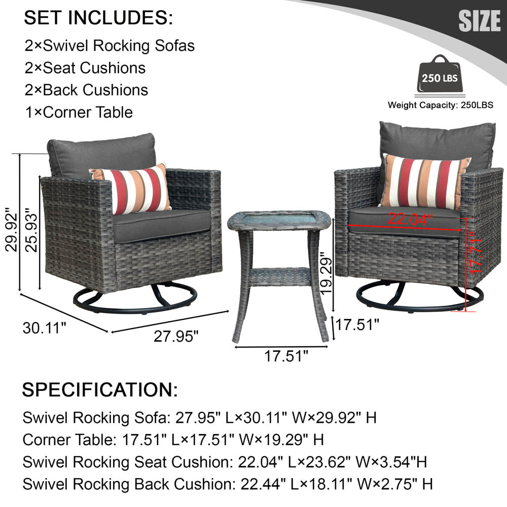 Ovios Patio Furniture 3-Piece Set with Swivel Chairs and Table Square Shape Armrest