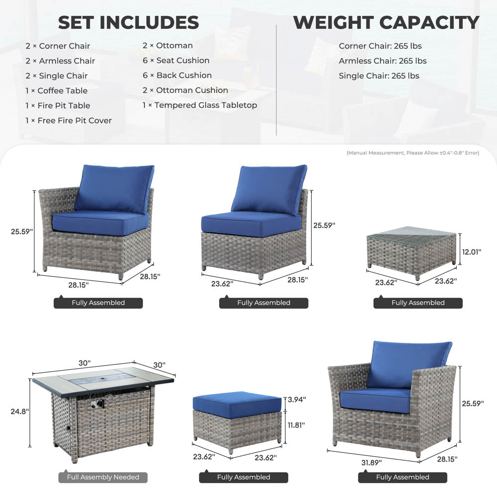 Ovios New Rimaru Series Patio Furniture Set 10-Piece include 42"Rectangle Fire Pit Table Partially Assembled