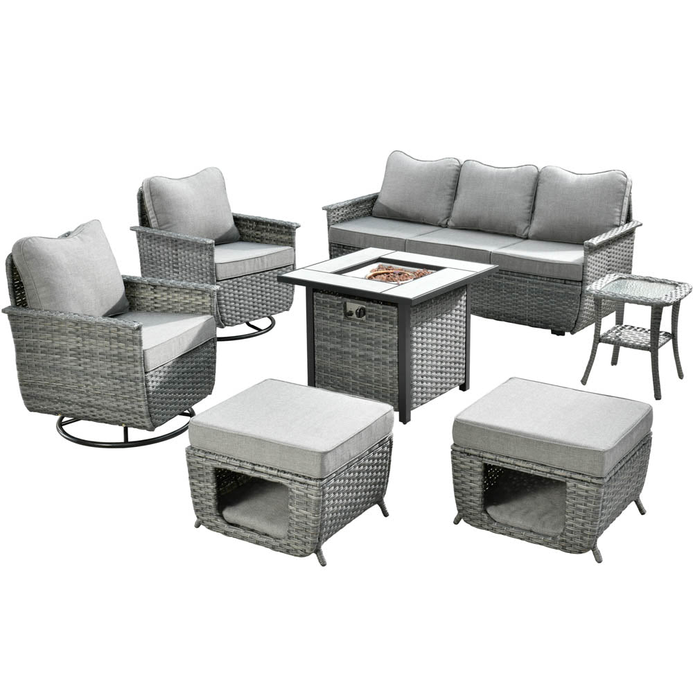 Ovios Patio Pet Conversation Set Grey Wicker 7 Pieces with 30'' Fire Pit and Swivel Rocking Chairs