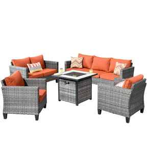 Ovios Patio Vultros Furniture Set 7-Person Seating with 30'' Propane Fire Pit Table