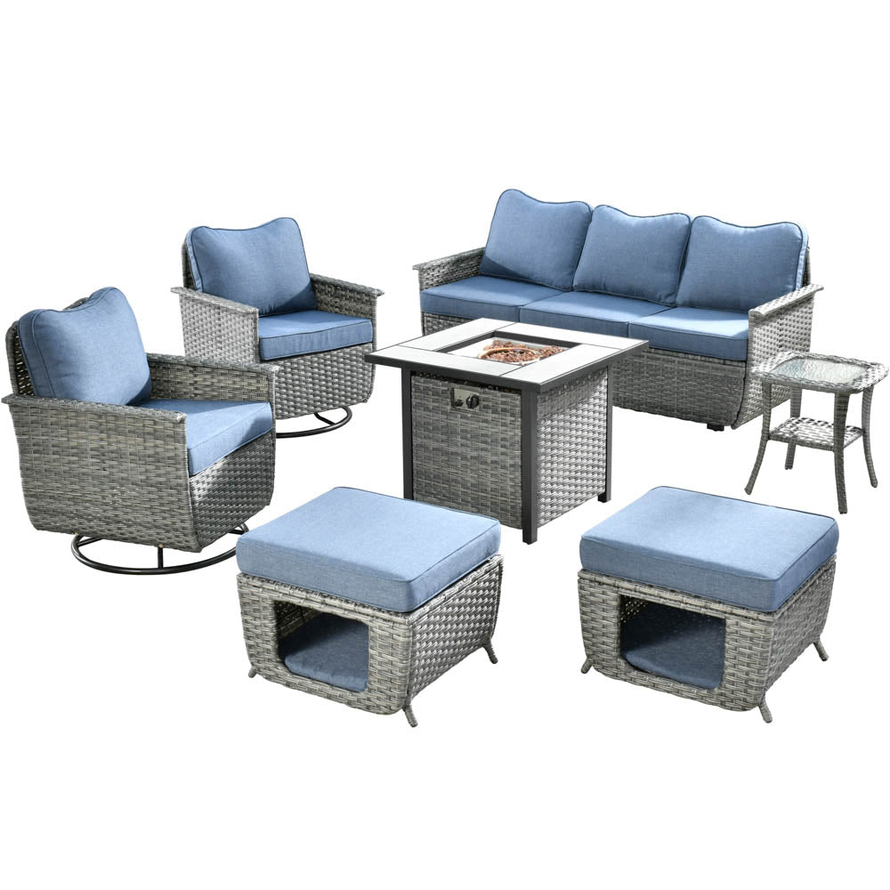 Ovios Patio Pet Conversation Set Grey Wicker 7 Pieces with 30'' Fire Pit and Swivel Rocking Chairs