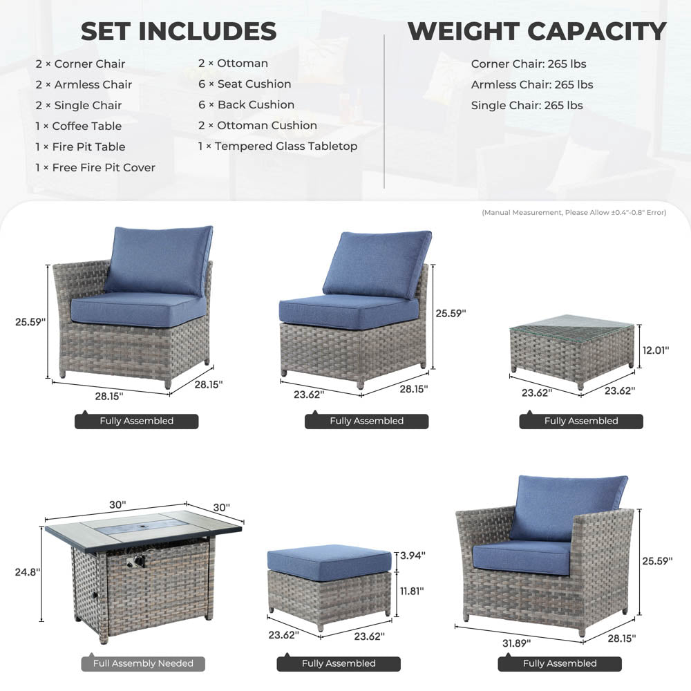 Ovios New Rimaru Series Patio Furniture Set 10-Piece include 42"Rectangle Fire Pit Table Partially Assembled