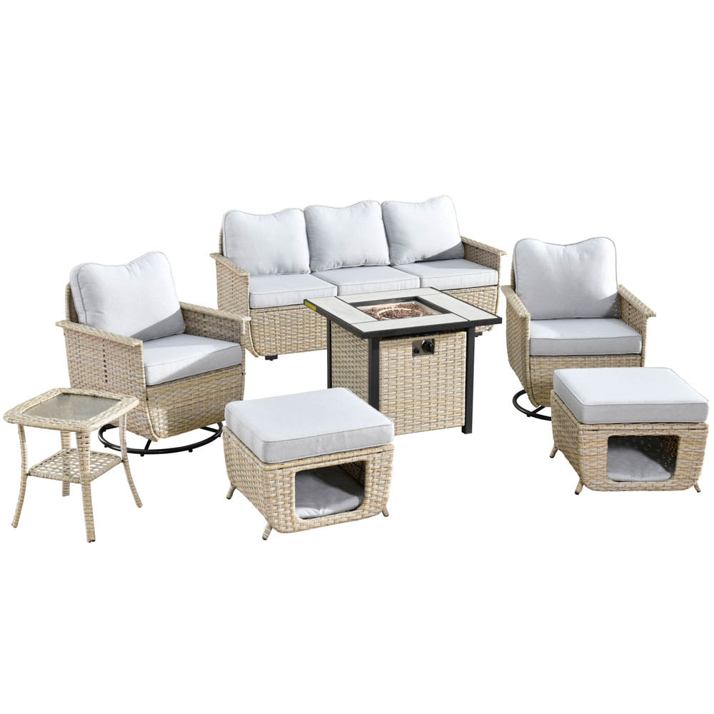 Ovios Patio Pet Conversation Set Beige Wicker 7 Pieces with 30'' Fire Pit and Swivel Rocking Chairs