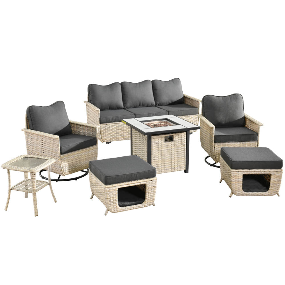 Ovios Patio Pet Conversation Set Beige Wicker 7 Pieces with 30'' Fire Pit and Swivel Rocking Chairs