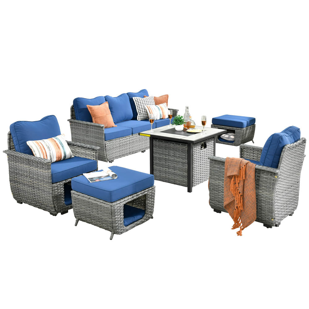 Ovios Patio Conversation Set 6 Pieces Dark Grey Wicker with 30'' Fire Pit and Multifunctional Storage