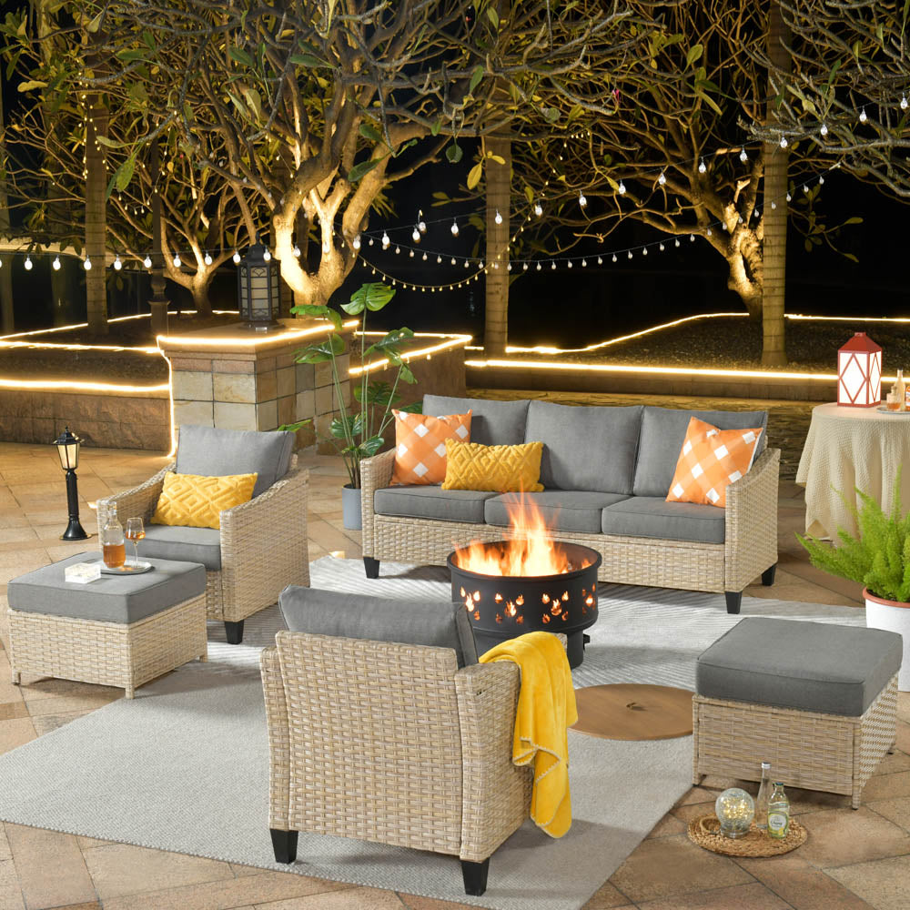 Ovios Athena Series Outdoor Patio Furniture Set 6-Piece with  Fire Pit