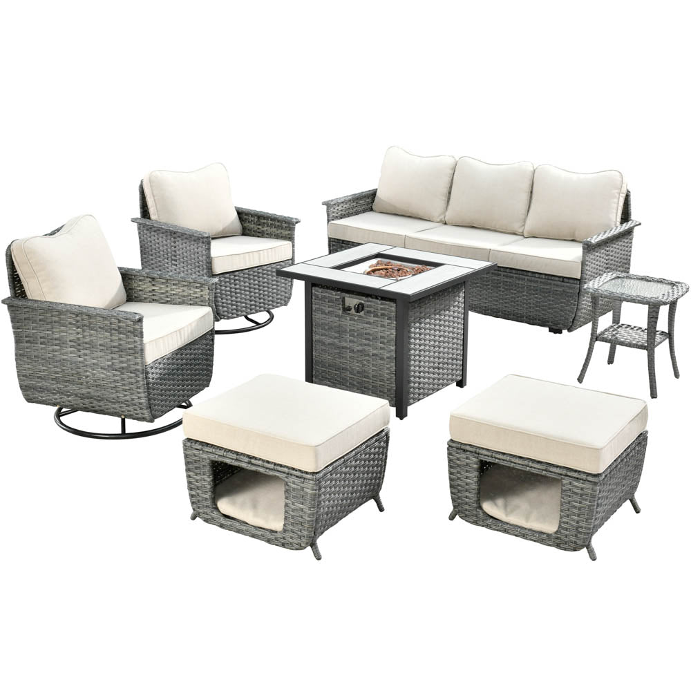 Ovios Patio Pet Conversation Set Grey Wicker 7 Pieces with 30'' Fire Pit and Swivel Rocking Chairs