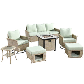 Ovios Patio Pet Conversation Set Beige Wicker 7 Pieces with 30'' Fire Pit and Swivel Rocking Chairs