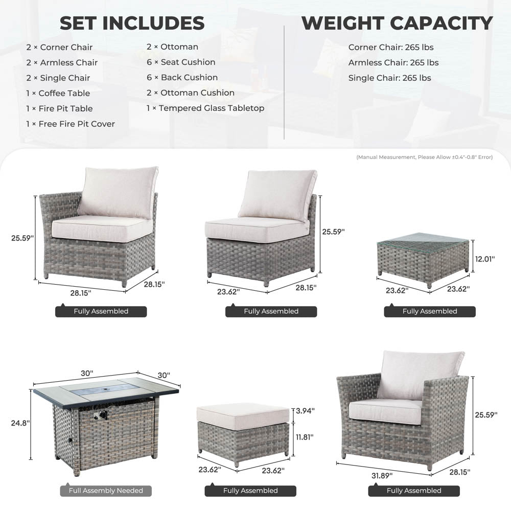 Ovios New Rimaru Series Patio Furniture Set 10-Piece include 42"Rectangle Fire Pit Table Partially Assembled