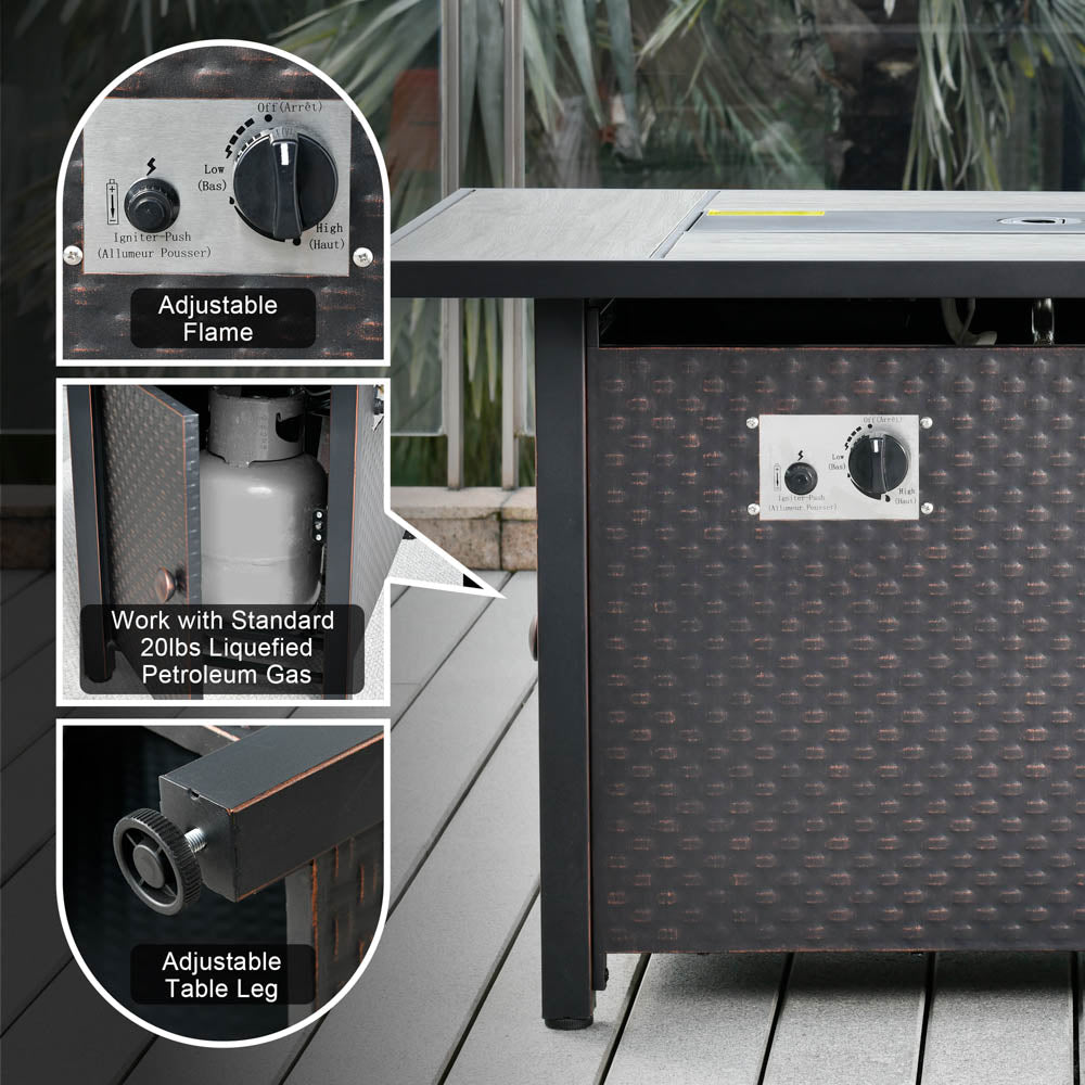 Ovios 42" brown rectangle propane fire pit table with adjustable flame control & propane tank storage.