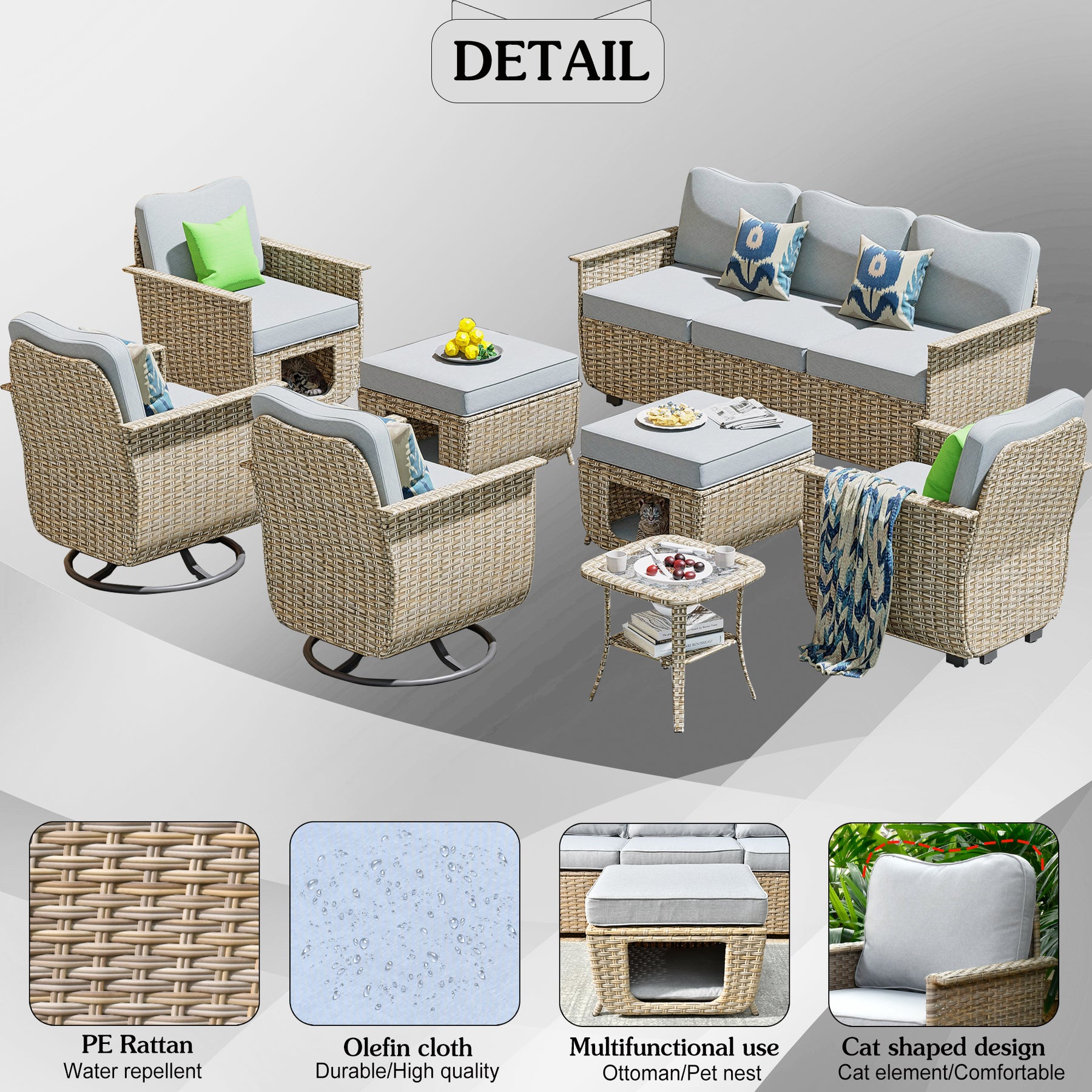 Ovios Outdoor Furniture Beige Wicker Set 8 Pieces with 2 Swivel Chair Side Table and Multifunctional Storage