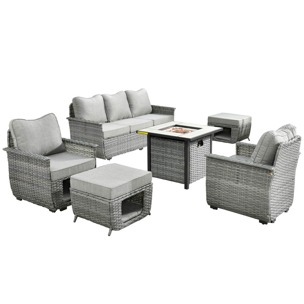 Ovios Patio Conversation Set 6 Pieces Dark Grey Wicker with 30'' Fire Pit and Multifunctional Storage