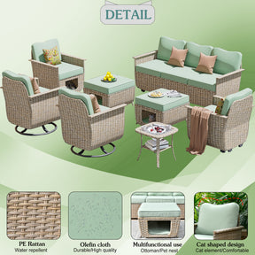 Ovios Outdoor Furniture Beige Wicker Set 8 Pieces with 2 Swivel Chair Side Table and Multifunctional Storage