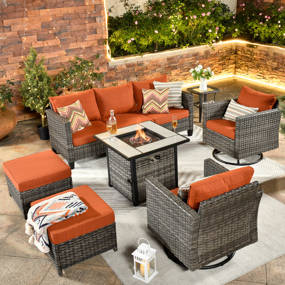 Ovios Patio Vultros 7-Piece Set with 2 Rocking chairs and 30'' Propane Fire Pit Table