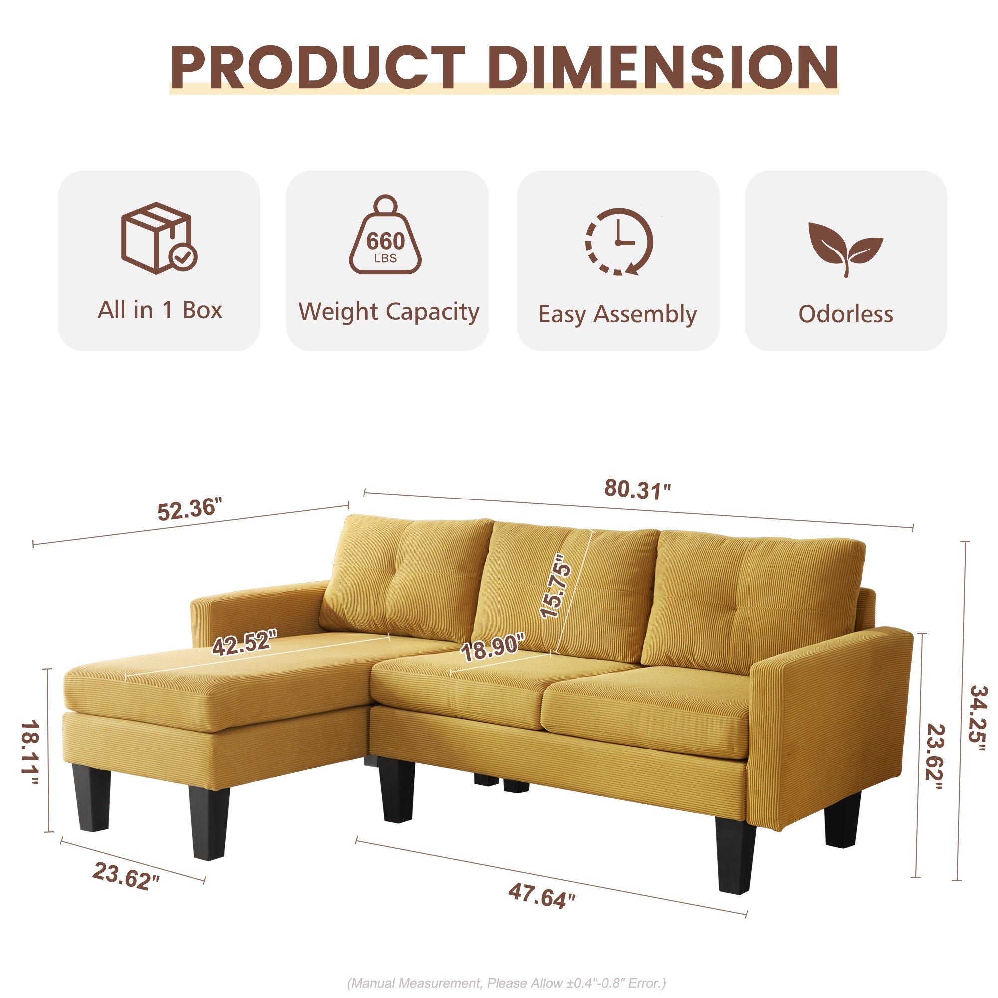 OVIOS 80" Small L Shape Sofa, Teddy Velvet Fabric