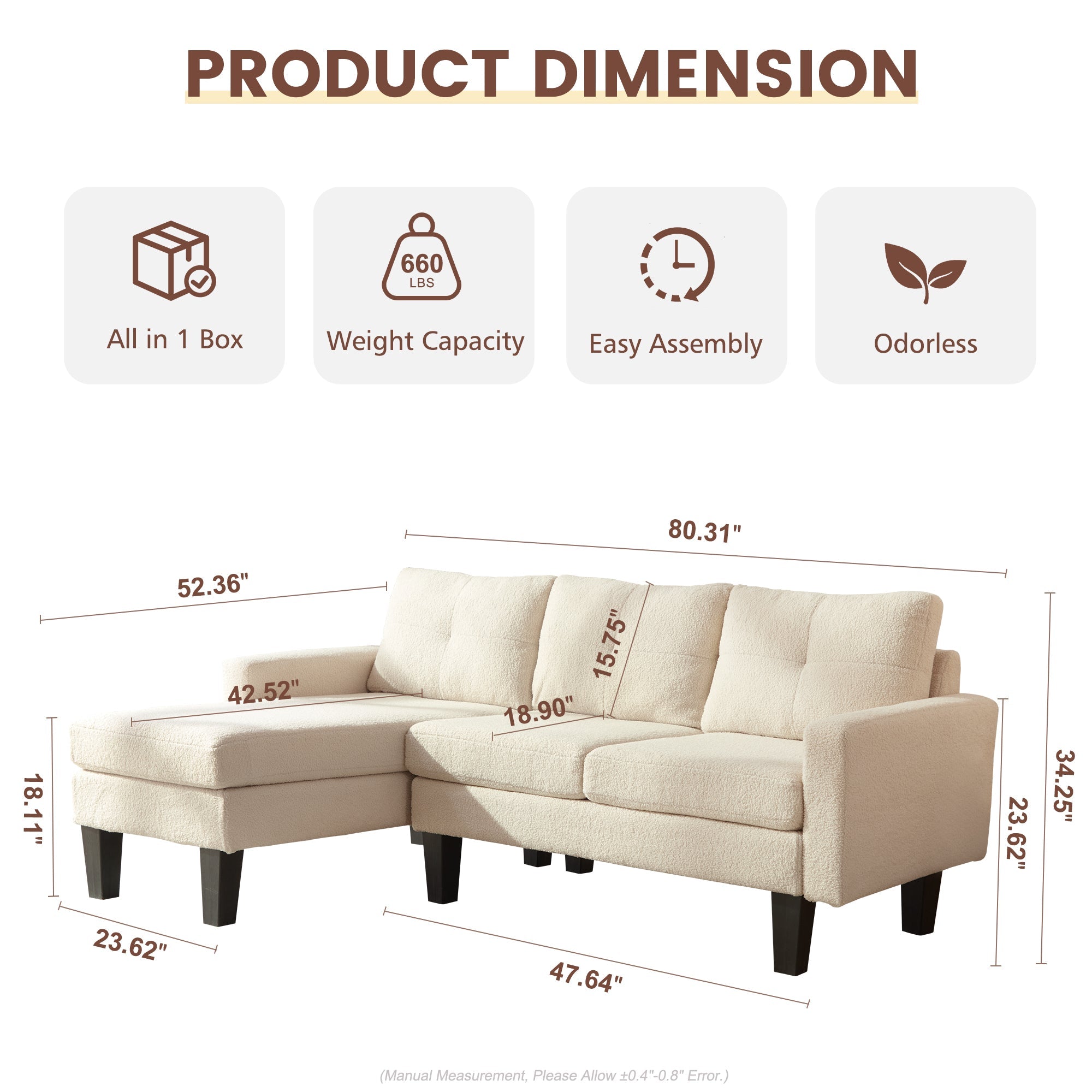 OVIOS 80" Small L Shape Sofa, Teddy Velvet Fabric