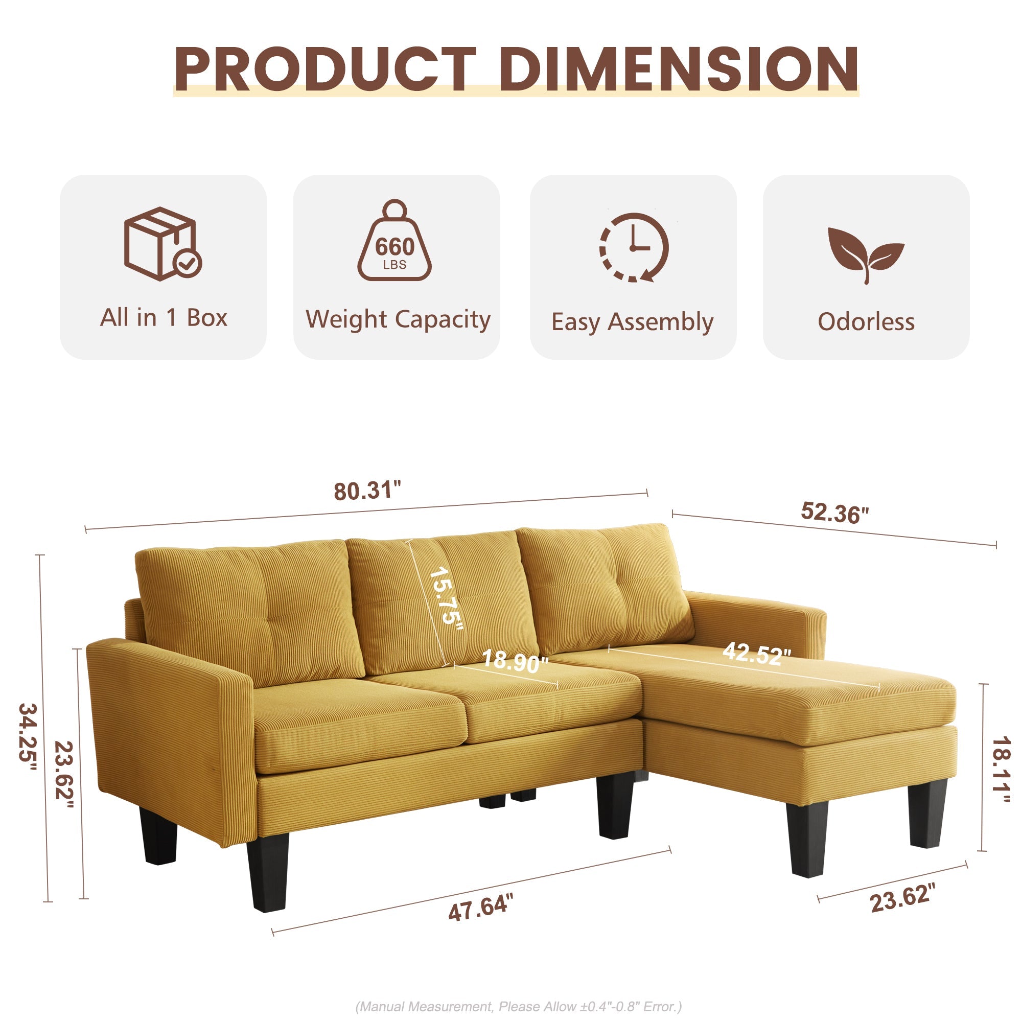 OVIOS 80" Small L Shape Sofa, Teddy Velvet Fabric