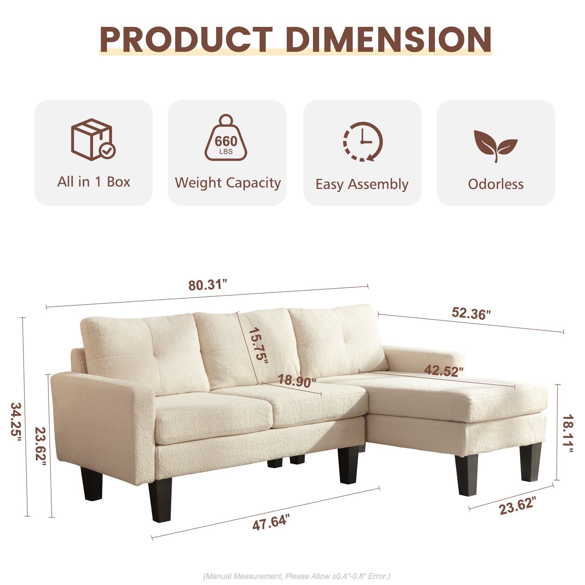 OVIOS 80" Small L Shape Sofa, Teddy Velvet Fabric