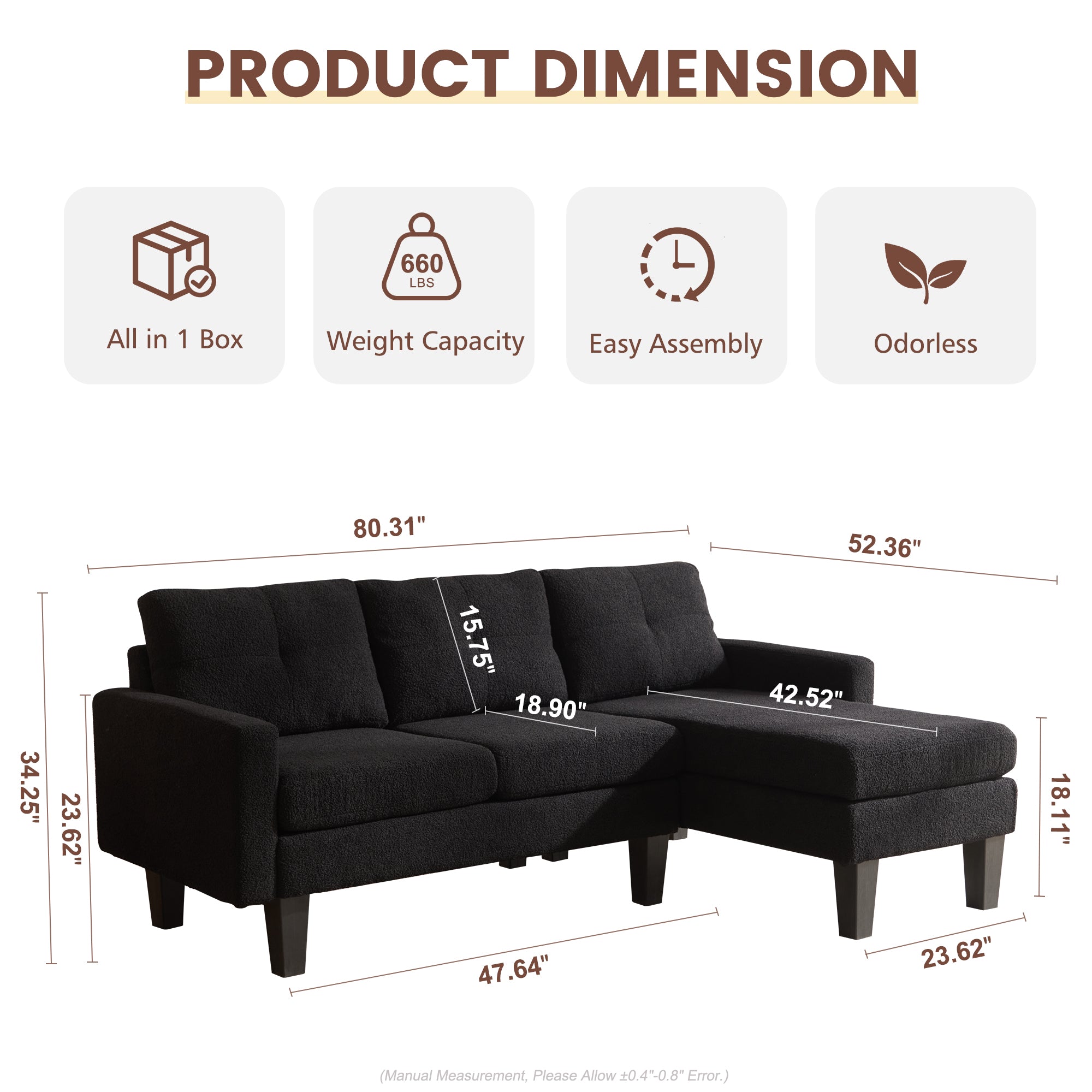 OVIOS 80" Small L Shape Sofa, Teddy Velvet Fabric
