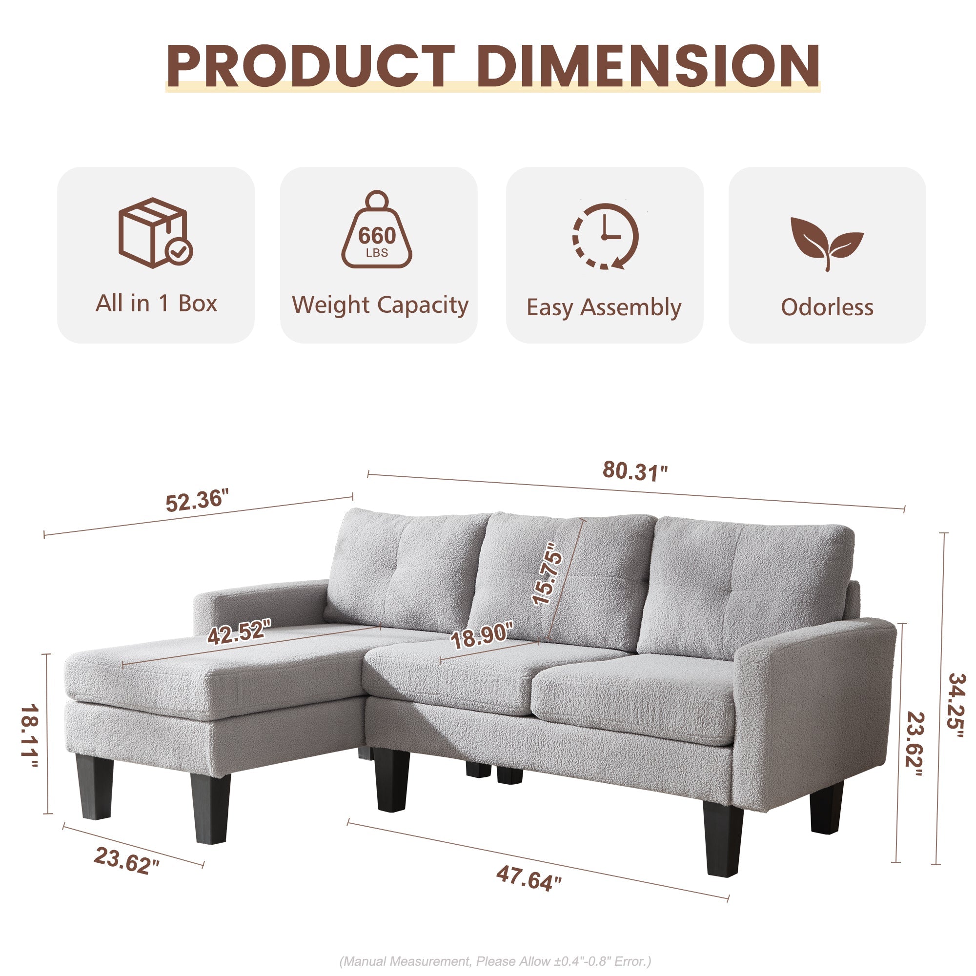 OVIOS 80" Small L Shape Sofa, Teddy Velvet Fabric
