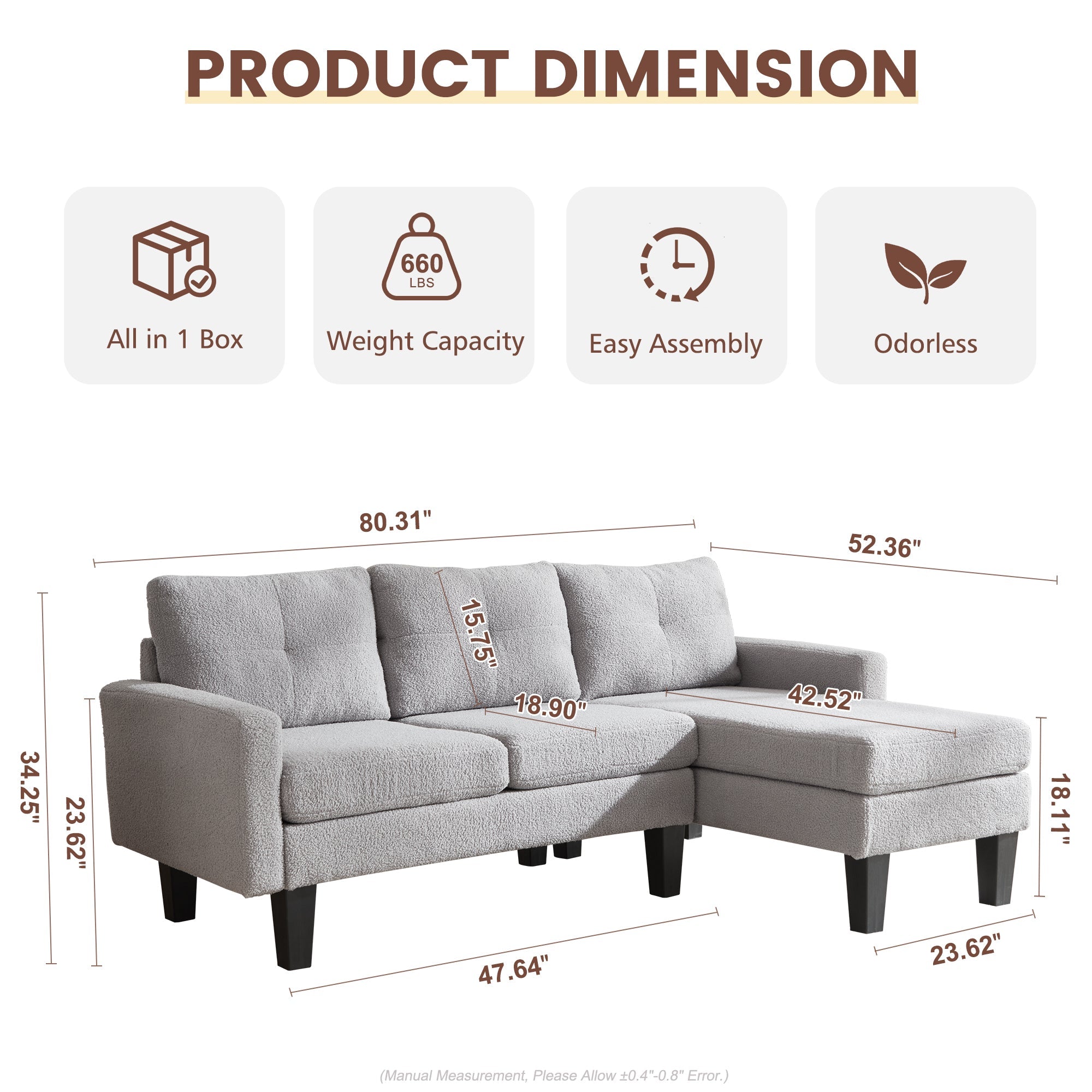 OVIOS 80" Small L Shape Sofa, Teddy Velvet Fabric