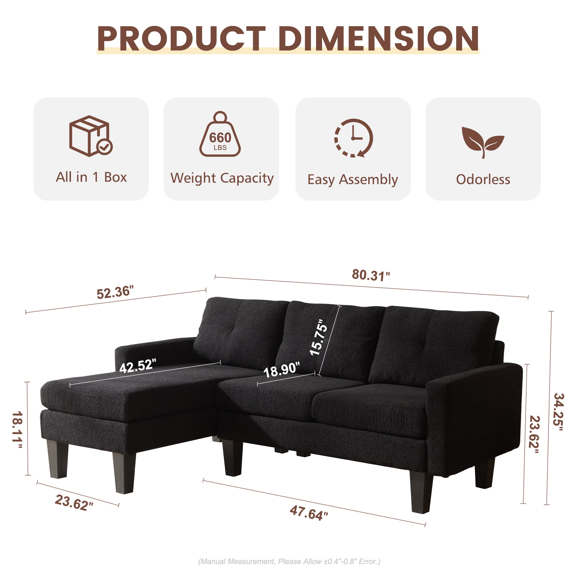 OVIOS 80" Small L Shape Sofa, Teddy Velvet Fabric