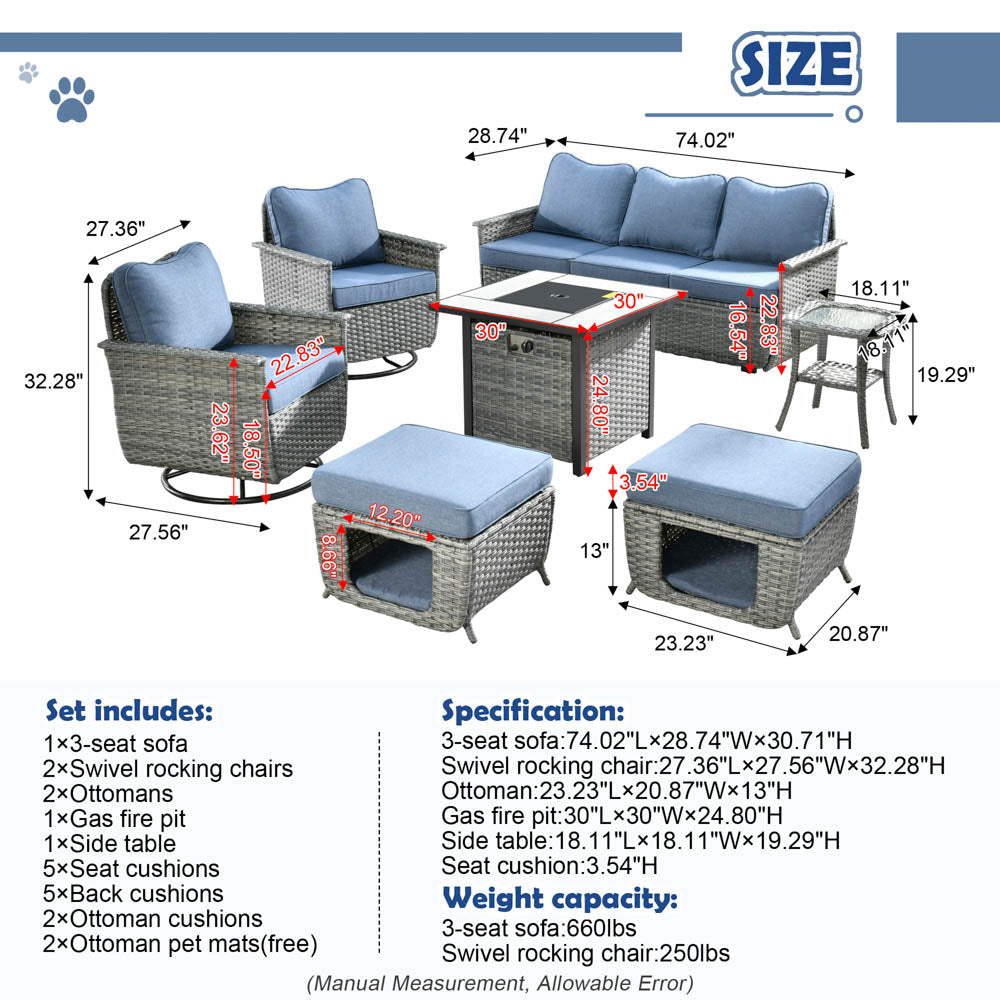 Ovios Patio Pet Conversation Set Grey Wicker 7 Pieces with 30'' Fire Pit and Swivel Rocking Chairs