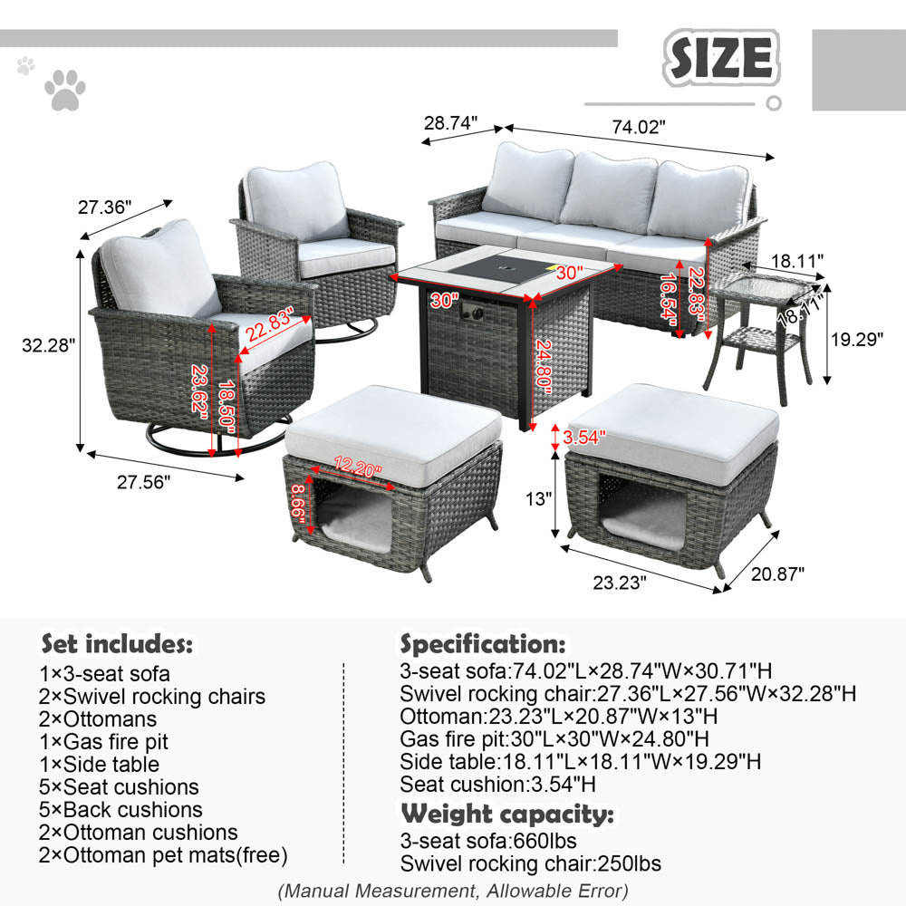 Ovios Patio Pet Conversation Set Grey Wicker 7 Pieces with 30'' Fire Pit and Swivel Rocking Chairs