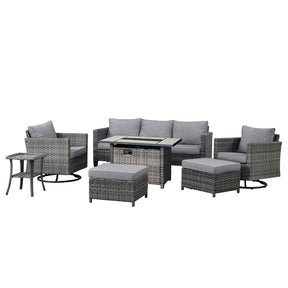 Ovios Patio Vultros 7-Piece Set With Swivel Chair and Rectangle 42'' Propane Fire Pit Table