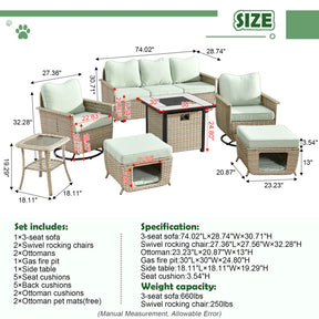 Ovios Patio Pet Conversation Set Beige Wicker 7 Pieces with 30'' Fire Pit and Swivel Rocking Chairs