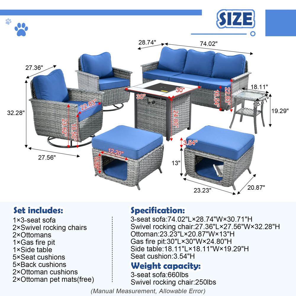 Ovios Patio Pet Conversation Set Grey Wicker 7 Pieces with 30'' Fire Pit and Swivel Rocking Chairs